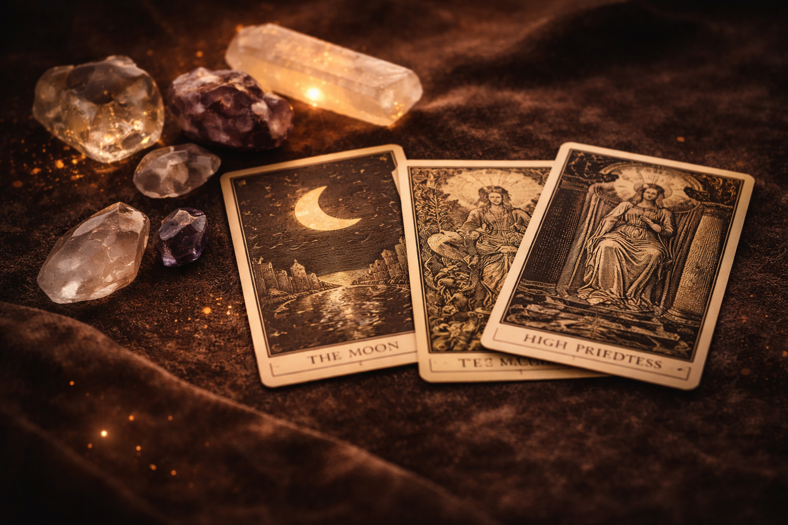 Altar de tarot com cartas, cristais e vela